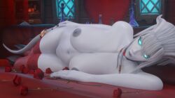 3d big_breasts blizzard_entertainment draenei elly_(draenei) female_only horns huge_breasts morilymory nude original_character solo stockings thick_thighs valentine's_day voluptuous voluptuous_female warcraft white_hair white_skin wide_hips world_of_warcraft