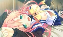 alcot bow breasts chikotam clover_day's game_cg green_eyes nipples open_clothes open_shirt pink_hair rindou_tsubame seifuku shirt tears thighhighs