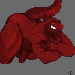 5_fingers anthro ass_up balls bedroom_eyes claws crossed_arms dragon fingers flaccid genitals grey_background grin horn looking_at_viewer lying male musclegut muscular mythological_creature mythological_scalie mythology narrowed_eyes pecs penis red_body scales scalie seductive sharp_teeth shouty_(xshouty) simple_background smile solo tail teeth thick_tail thick_thighs xshouty yellow_eyes