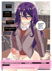 1boy balls blush bottomless clothing cum cumshot doki_doki_literature_club ejaculation english_text erasethismail erect_penis erection femboy genderswap_(ftm) light-skinned_male light_skin long_hair male male_only masturbation penis purple_eyes purple_hair rule_63 sitting solo testicles text transformation trap yuri_(doki_doki_literature_club)