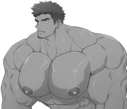 1boy abs bara bara_tiddies bara_tits biceps facial_hair hi_res kishitoru large_pectorals male male_focus male_only monochrome muscular muscular_arms muscular_male nipples pecs pectorals simple_background solo solo_male white_background