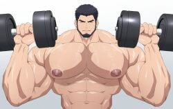 1boy abs bara beard biceps black_hair dumbbell facial_hair kishitoru large_pectorals lifting looking_at_viewer male male_focus male_only muscular muscular_arms muscular_male nipples pecs pectorals short_hair simple_background solo solo_male weights