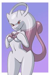 anthro areola breast_grab breast_squish breasts digital_media_(artwork) female generation_6_pokemon genitals hand_on_breast hi_res legendary_pokemon looking_at_viewer mammal mega_evolution mega_mewtwo mega_mewtwo_y nintendo nipples nude pokemon pokemon_(species) pussy red_eyes simple_background smile solo sonicguru squish standing tail