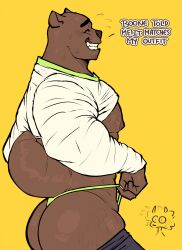 2020s 2025 2boys anthro ass boone_(finally_faded) english_text finally_faded gay green_thong ledange long_sleeves male male_only otter pants_down raul_(finally_faded) shirt_lift simple_background tagme tail text thong yellow_background