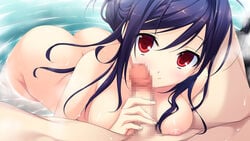 antenna_hair ass breast_press censored female game_cg hair_up highres koisuru_natsu_no_last_resort kouzaki_umi marui_(koedame) nude penis red_eyes smile solo_focus water