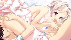 1boy 69 ass ass_grab bare_shoulders breasts censored cum dress female frills game_cg hair_intakes hair_up highres kitsuki_riho koisuru_natsu_no_last_resort large_breasts marui_(koedame) pink_hair purple_eyes smile thighhighs wedding_dress