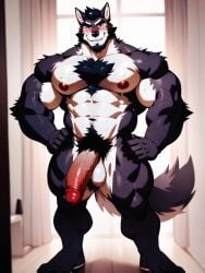 1boy abs abyssyzzz ai_generated bara big_balls big_breasts big_penis fur furry furry_male furry_only gay hairy hairy_armpits hairy_balls hairy_male male male_focus male_only muscles muscular muscular_anthro muscular_male solo solo_male standing sweat thick_legs thick_thighs wolf