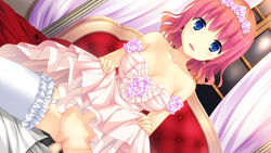 armlet bare_shoulders bed blue_eyes braid breasts brown_hair censored cleavage collarbone dress dress_lift dutch_angle female flower frilled_thighighs game_cg garter_straps highres koisuru_natsu_no_last_resort maki_shiori mottsun no_panties sex solo_focus thighhighs tiara white_legwear window