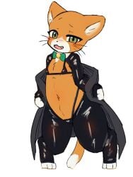 bow_tie clothed clothing costume domestic_cat felid feline felis feral foxwhitenorth fur green_eyes hi_res leather male mammal mikan_(mikan_enikki) mikan_enikki orange_body orange_fur partially_clothed reverse_bunny_costume simple_background solo white_background