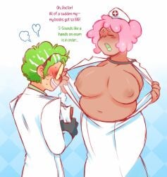 1boy1girl 1girl1boy bbw big_breasts blush blush_lines breath breath_cloud chubby chubby_belly chubby_female darkchibishadow doctor edwin_glum fat_woman flashing flashing_breasts gummy_(gatd) gummy_and_the_doctor huge_breasts large_breasts nurse nurse_uniform open_shirt presenting presenting_breasts shirt_open shirt_pull showing_breasts small_areola