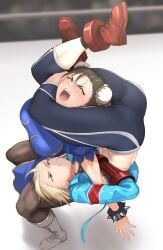 ass athletic athletic_female big_breasts blonde_hair british_female cammy_white catfight chinese_clothes chinese_female choke_hold choking chun-li female_only headscissor huge_ass huge_breasts interracial joint_lock kineluchs leglock muscles muscular muscular_female ryona strangled strangling street_fighter street_fighter_6 struggling thick_thighs thighs wrestling wrestling_ring wrestlingryona yuri