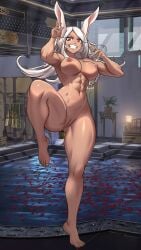 1girls abs bath bathhouse bathroom breasts dark_skin female lifting_leg mirko miruko muscular_female my_hero_academia naked nipples nude pussy rumi_usagiyama showing_pussy spread_legs water zantyarz