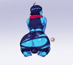 anus back_muscles big_butt big_penis blinding_bangs blue_body blue_skin bubble_butt curreeman deltarune kris_(deltarune) on_knees presenting presenting_hindquarters ripped_clothing scarf