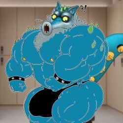 1boy 1male anthro bara black_thong buff bulge bulge_through_clothing bulge_through_swimsuit bulge_through_underwear bulge_under_clothes bulge_under_clothing bulge_under_swimsuit changing_room fox gay male male_only muscular muscular_male my_singing_monsters nervous oops ripped ripped_clothing ripped_thong sexy sox_(msm) surprised thong