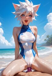 adidas ai_generated beach blue_eyes catgirl female sex swimsuit white_hair