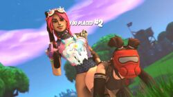 1girl1futa angry arm_sleeves bangs blue_eyes blue_sky bottomless bottomless_female bottomless_futanari brite_raider brown_eyes brown_hair building clouds defeated dominant_futanari eyeliner fortnite futa_on_female futanari futanari_penetrating game_over gloves goggles_on_head grass hand_on_ass holding_weapon looking_at_viewer mask_on_head open_mouth partially_clothed pink_hair rape rifle smug smug_grin spiked_gloves submissive_female teeth the_machinist_(fortnite) trees twintails