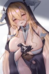 absurdres azur_lane black_gloves blonde_hair blush breasts cum cum_on_body cum_on_hands e.c.ho female gloves hair_between_eyes highres horns huge_breasts implacable_(azur_lane) long_hair no_panties parted_lips pelvic_curtain red_eyes simple_background smile solo thighs tongue tongue_out white_background white_horns