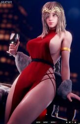 1girl 3d blender blurry_background circlet clothed deathy dress elden_ring female female_focus female_only fromsoftware fur gold_eyes gold_nails hair moon moonlight night queen_marika_the_eternal red_dress sideboob sweat tagme thighs wet_body white_skin wine wine_glass