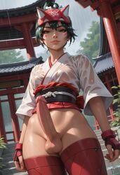 1futa ai_generated balls erection futa_only futanari gloves green_hair jamesbron kiriko_(overwatch) large_penis legwear looking_at_viewer medium_hair miko navel no_panties overwatch overwatch_2 partially_clothed penis shrine_maiden small_breasts smug solo solo_futa standing temple thighs wet wet_body wet_clothes