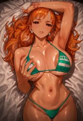 ai_generated arm_up armpits bed_sheet bikini blush breasts brown_eyes collarbone cowboy_shot earrings female goldenhand green_bikini half-closed_eyes jewelry large_breasts long_hair looking_at_viewer lying nami_(one_piece) navel on_back orange_hair parted_lips sheet_grab shiny shiny_skin solo stomach sweat swimsuit thigh_gap