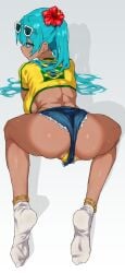 1girls ass big_ass big_breasts big_thighs brazil brazilian brazilian_female brazilian_miku breasts cyan_eyes cyan_hair female female_only hatsune_miku latin_american_hatsune_miku_(meme) long_hair looking_at_viewer m_k pussy shirt shorts socks solo sweat sweatdrop sweating tan tan_body thick_hips thick_thighs thighs thong twintails vocaloid yellow_shirt