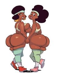 2girls african african_female areolae ass big_ass black_hair breasts cartoon_network dark-skinned_female dark_skin earrings eyebrows female female_only hairband holding_hands human jenny_pizza kiki_pizza looking_at_viewer looking_back looking_over_shoulder multiple_girls nipples no_bra no_panties pants_down plain_background plump_ass plump_lips redraw shirt_up sisters slb sneakers socks steven_universe straight_hair tank_top teenager thighs twins white_background white_socks