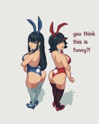 2girls ass back_view black_hair blue_eyes breasts bunnysuit cleavage english_text female female_only grey_background hi_res high_heels human kill_la_kill kiryuuin_satsuki long_hair looking_at_viewer looking_back matoi_ryuuko pixel_art rom34t short_hair sisters text two_tone_hair