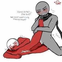 2boys anal anal_sex blush completely_nude covering_mouth cum cum_inside cumshot dominant_male erection gay gay_sex grey_body holding_leg kj kj's_final_ride kj_(stickman) red_body red_eyes scarf scarf_only stickman sweat sweating sweaty_body tagme