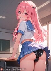 ai_generated balls_under_clothes bulge_through_clothing classroom crossdressing femboy latex latex_suit latex_underwear open_clothes penis_bulge pink_hair pinkabiart schoolgirl_uniform upskirt