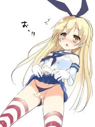 1futa black_panties blonde_hair brown_eyes elbow_gloves futa_only futanari gloves highres intersex kantai_collection long_hair ochinsama panties penis personification shimakaze_(kantai_collection) skirt skirt_lift solo striped striped_legwear underwear