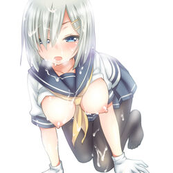 all_fours black_legwear blue_eyes blush breasts cum cum_on_body cum_on_hair cum_on_lower_body facial female gloves hair_ornament hair_over_one_eye hairclip hamakaze_(kantai_collection) kantai_collection large_breasts looking_at_viewer nipples pantyhose personification saki_chisuzu school_uniform serafuku short_hair silver_hair simple_background skirt solo white_background white_gloves