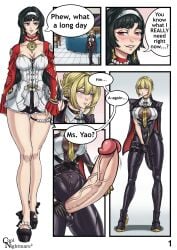 1futa 1girls assertive_female astra_yao bare_legs before_sex big_ass big_breasts big_cock big_penis black_hair blonde_hair blush bulge bulge_through_clothing comic comic_page coolnightmare2 dialogue earrings english_text erect_penis erection evelyn_chevalier female full-package_futanari fully_clothed futanari light_skin self_upload skin_tight tagme text tie zenless_zone_zero