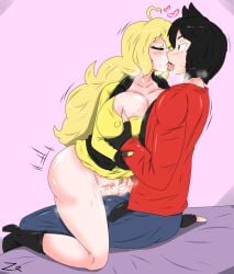 black_eye black_hair blonde_hair breast_grab cat_ears closed_eyes clothed cowgirl_position jin_satou original_character prosthetic_arm rwby sex sitting tongue_kiss vaginal_penetration yang_xiao_long zronku