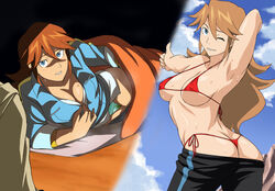 beyal_(monsuno) bikini campfire camping cleavage female jinja_(monsuno) makino_tomoyasu monsuno sleeping_bag split_screen sweat sweaty winking