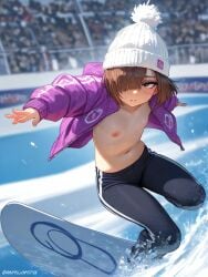 1girls ai_generated ash_(kosine1777) bangs_over_one_eye beanie brown_hair flat_chest jacket kosine1777 kosineverse nipples olympics open_clothes original original_character public public_nudity short_hair skinny_female snowboarding uniform