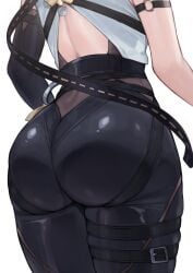 ass ass_focus back_cutout belt black_gloves black_pants clothing_cutout elbow_gloves evelyn_chevalier female from_behind gloves head_out_of_frame highres kuavera o-ring_arm_strap pants shirt simple_background solo thigh_belt thigh_strap tight_clothes tight_pants white_background white_shirt zenless_zone_zero