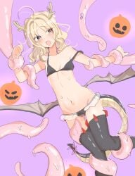 1girls ahoge antlers barely_clothed belly_button blonde_hair bra diabolik_lovers exposed_torso female fist fists_clenched flat_chest flat_chested frilled_panties frills halloween_theme komori_yui legs_together loose_clothes medium_hair no_penetration open_mouth pink_eyes pumpkin purple_background slimy_tentacles small_breasts small_wings solid_color_background sweat tagme tail tentacle tentacle_bondage tentacle_grab tentacles thigh_gap thigh_highs thighhighs wings