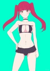 armpits bare_arms bare_belly bare_legs bare_shoulders bare_thighs belly_button bikini black_bikini bleach blush breasts choker cleavage closed_mouth collarbone dokugamine_riruka eyepatch_bikini groin hand_on_own_hip long_hair purple_hair red_eyes ronisuke small_breasts smile thighs twintails