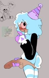 big_cock blue_clothes blue_hair blue_pantyhose curly_hair dandy's_world dandys_world femboy futanari goob_(dandy's_world) hand_on_penis human_version intersex party_hat paws razzle_and_dazzle_(dandy's_world) tail tail_tuft white_highlights