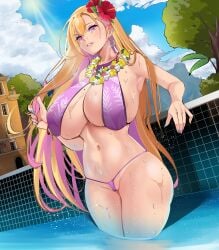 ai_generated bikini boryeon_(last_origin) dutch_angle flower_in_hair flower_wreath huge_breasts last_origin lips nail_polish painted_nails partially_submerged sunlight swimming_pool swimsuit thong