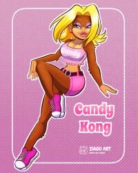 1girls anthro banana big_ass big_breasts blonde_hair blue_eyes booty_shorts candy_kong donkey_kong_(series) earrings eyelashes eyeshadow hi_res huge_breasts isagu_art lipstick mascara nintendo pink_nails pinup primate seductive seductive_look shoes sneakers tank_top thick_thighs video_games