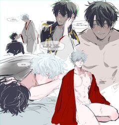 2boys after_sex akoku bite_mark bite_marks black_hair blush dialogue english_text gay gintama gintoki_sakata hijikata_toshiro kimono male male_only multiple_scenes nude pale-skinned_male pale_skin pecs police_officer police_uniform prostitute prostitution shinsengumi_(gintama) smile white_hair yaoi