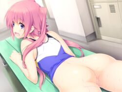 ass back bare_shoulders blush censored embarrassed female from_behind game_cg highres iizuki_tasuku legs long_hair looking_back lovely_x_cation_2 lying nirasaki_hinata on_stomach open_mouth pink_hair purple_eyes pussy solo sweat thighs tied_hair twintails wet