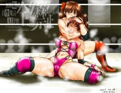 abs arm_guards blank_eyes blue_eyes bow breasts brown_hair catfight choke_hold choking corey_sniper faint fainted female female_only groin highres joint_lock kogawa_masayoshi multiple_girls mutou_megumi open_mouth pain red_bow ryona saliva submission_hold sweat tears unconscious wrestle_angels wrestler wrestling wrestling_boots wrestling_femdom wrestling_outfit wrestling_ring wristband