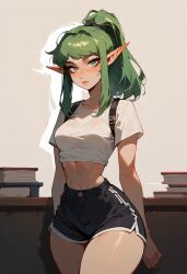 ai_generated elf female green_hair short_top shorts tagme