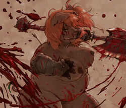 angry anthro armor arrow axe big_breasts blood blood_splatter blood_stain bloody_axe breasts chubby color female female_only gauntlets gore hair holding injury looking_at_viewer mammal messy nude orange_hair overweight pig porcine puncture pussy sansh scar standing tail weapon wound