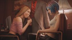 1boy 2girls 3d age_difference angry blonde_hair blowjob blue_hair chloe_price clothed cucked_lesbian cuckquean dark-skinned_male eye_contact fellatio fugtrup handjob hazel_eyes interracial life_is_strange looking_at_another netorare ntr oral penis principal principal_and_student rachel_amber raymond_wells sitting teacher_and_student teenager yellow_eyes