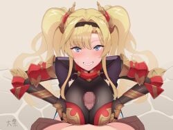 1boy armor blonde_hair blue_eyes blush bodystocking bodysuit breasts breasts_squeezed_together brown_bodysuit censored female gauntlets granblue_fantasy grin hair_intakes hair_ornament hairband highres large_breasts long_hair looking_at_viewer paizuri penis red_armor sidelocks smile straight taisai twintails zeta_(granblue_fantasy)