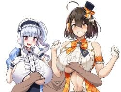 1boy 2girls ahoge angry azur_lane baltimore_(azur_lane) baltimore_(muse)_(azur_lane) blush breasts brown_hair clenched_teeth clothing_cutout commentary_request dark-skinned_male dark_skin dido_(azur_lane) dido_(muse)_(azur_lane) drill_hair faceless faceless_male framed_breasts gloves grabbing_another's_breast groping hair_ribbon hat headphones large_breasts looking_down mini_hat mini_top_hat multiple_girls oekakizuki open_mouth pink_eyes plaid_ribbon ribbon short_hair side_ponytail smile sweatdrop teeth top_hat underboob_cutout white_background white_gloves white_hair yellow_eyes