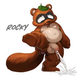 2025 absurd_res anal anal_masturbation anthro balls belly black_body black_nose bodily_fluids brown_body canid canine cum ejaculation genital_fluids genitals hi_res leaf male mammal masturbation moobs navel nipples overweight overweight_male pandarita penis pocky_and_rocky raccoon_dog rocky_(pocky_and_rocky) simple_background solo square_enix taito tanuki text